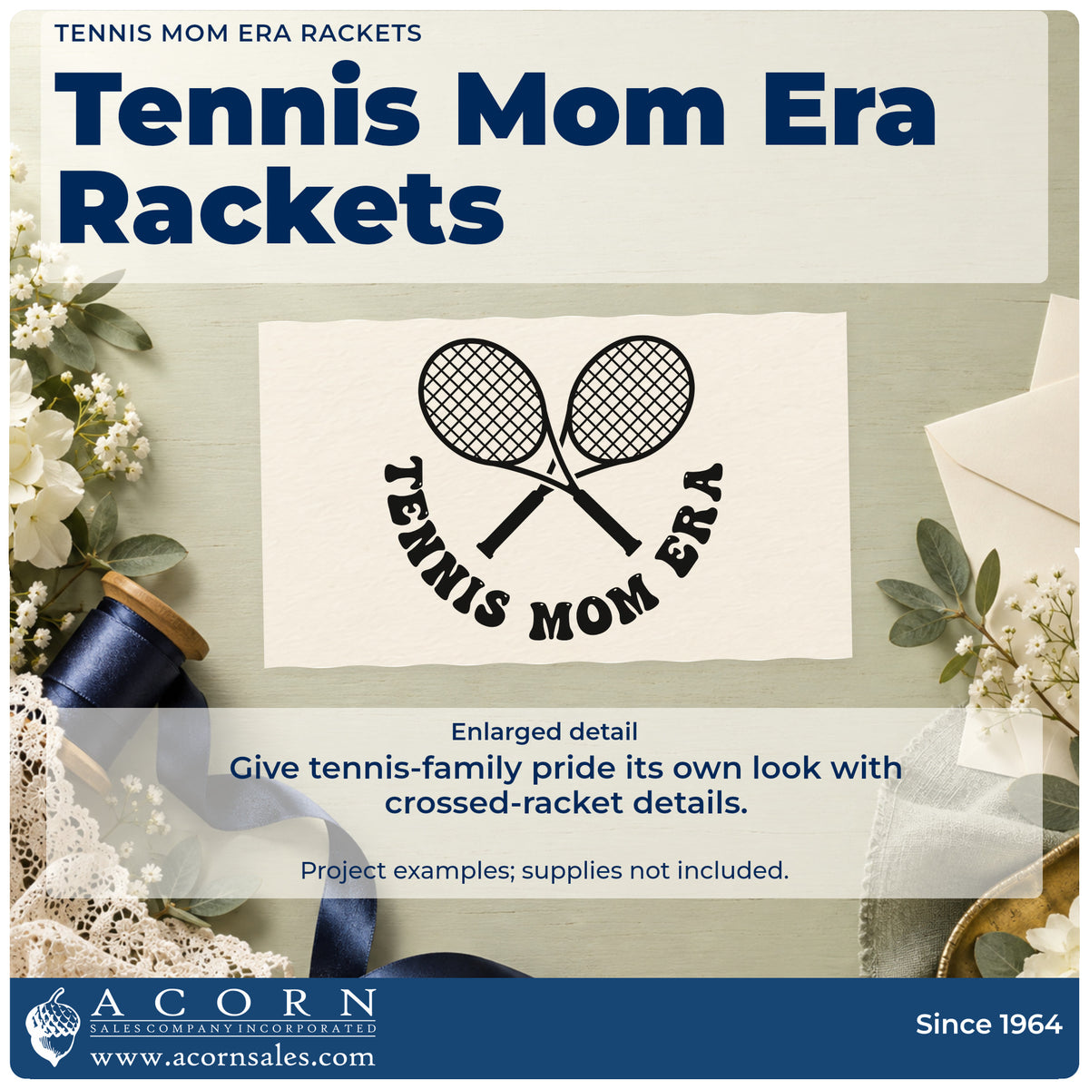 Enlarged detail of the Tennis Mom Era Rackets Wood Handle Stamp imprint. Two crossed tennis rackets sit above the curved words TENNIS MOM ERA.