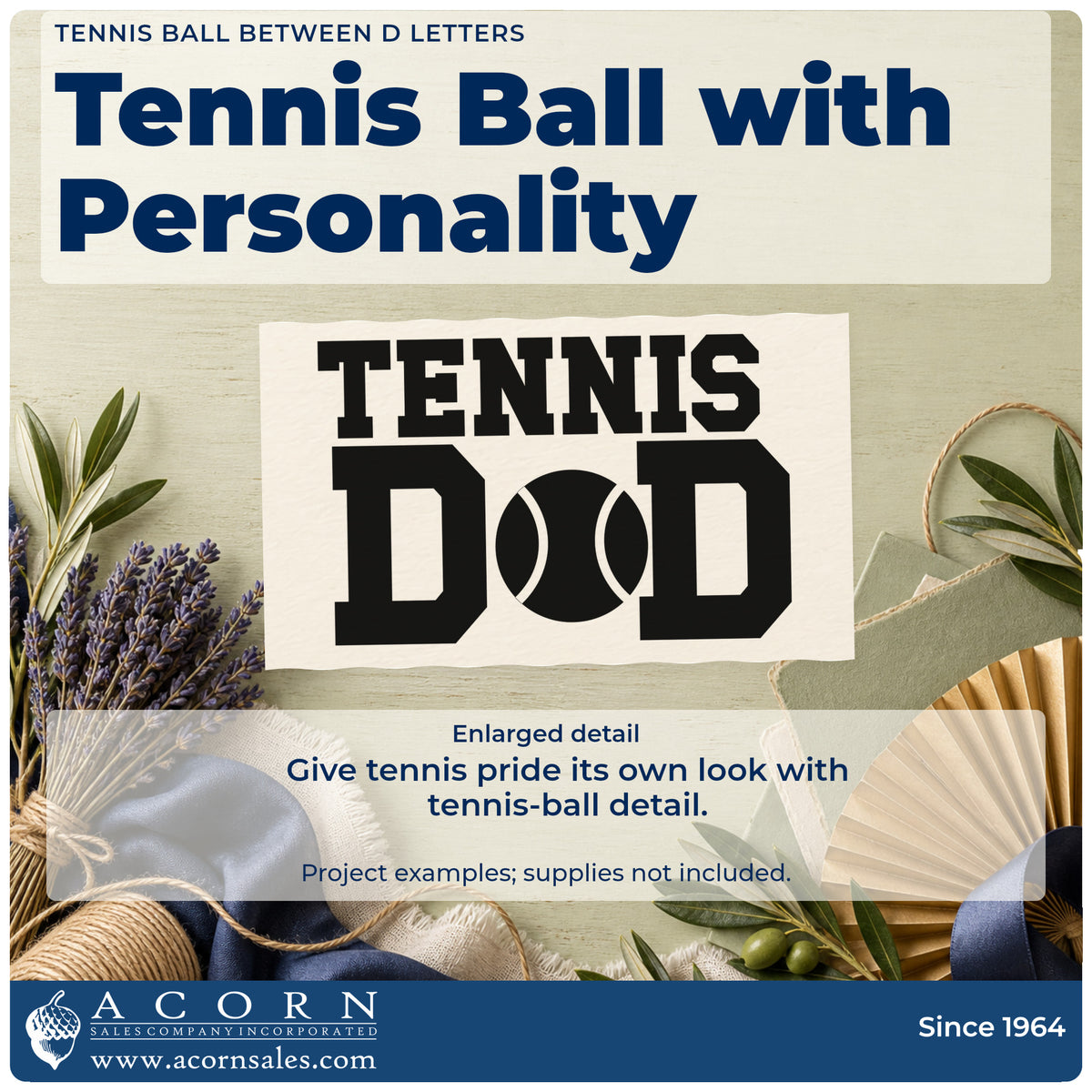 Enlarged detail of the Pre-Inked Tennis Ball Between D Letters Stamp – PSI imprint. TENNIS appears above two large D letters flanking a tennis ball.