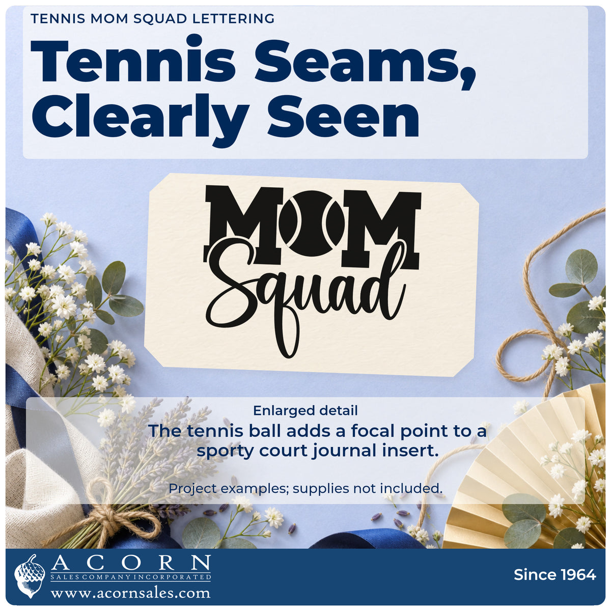 Enlarged detail of the Tennis Mom Squad Word Art Slim Pre-Inked Stamp imprint. MOM Squad uses a tennis ball in place of the O.