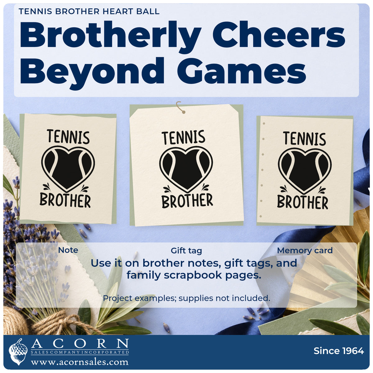Three project examples made with the Brother Tennis Heart Lettering Slim Pre-Inked Stamp, including rally count sheet.
