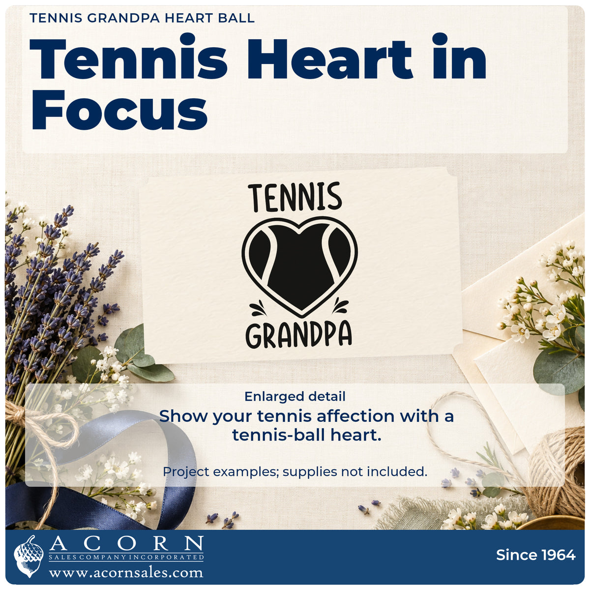Enlarged detail of the Grandpa Tennis Heart Lettering Slim Pre-Inked Stamp imprint. TENNIS GRANDPA surrounds a heart-shaped tennis ball with small accent strokes.
