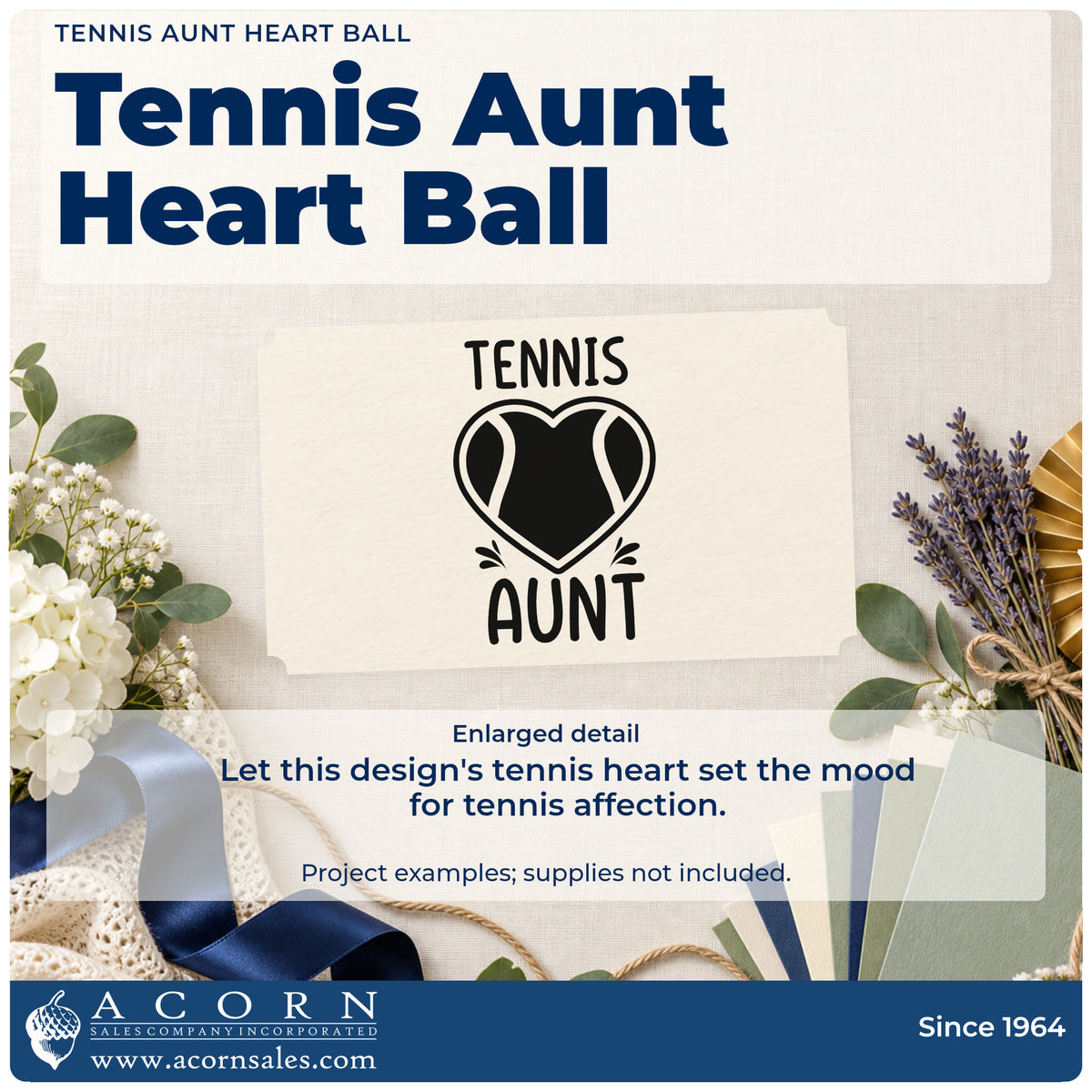 Enlarged detail of the Tennis Aunt Heart Ball Stamp – Slim Pre-Inked imprint. TENNIS AUNT surrounds a heart-shaped tennis ball with small accent strokes.