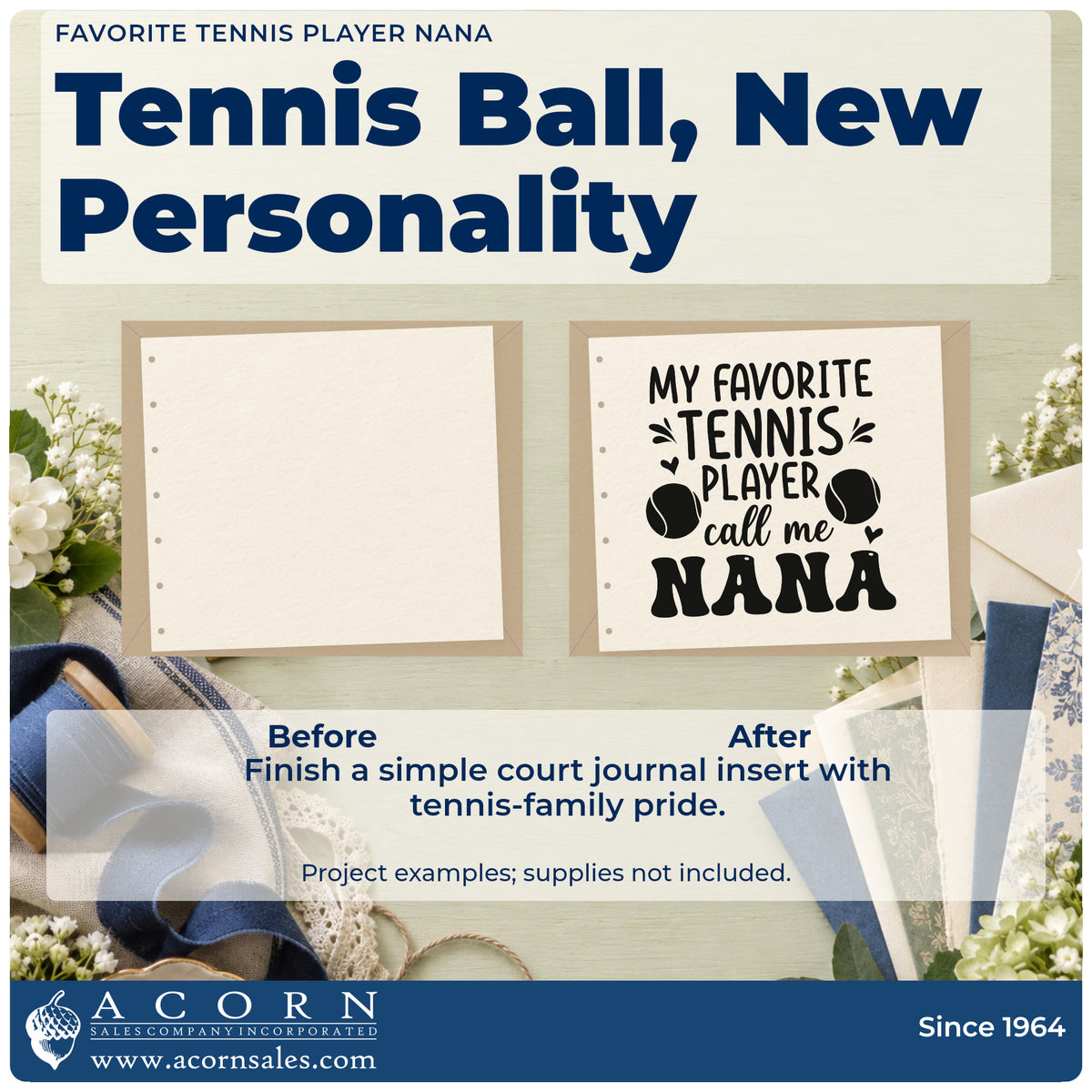 Before and after of a plain item finished with the Favorite Tennis Player Nana Slim Pre-Inked Stamp, a quick upgrade for framed kitchen wall.