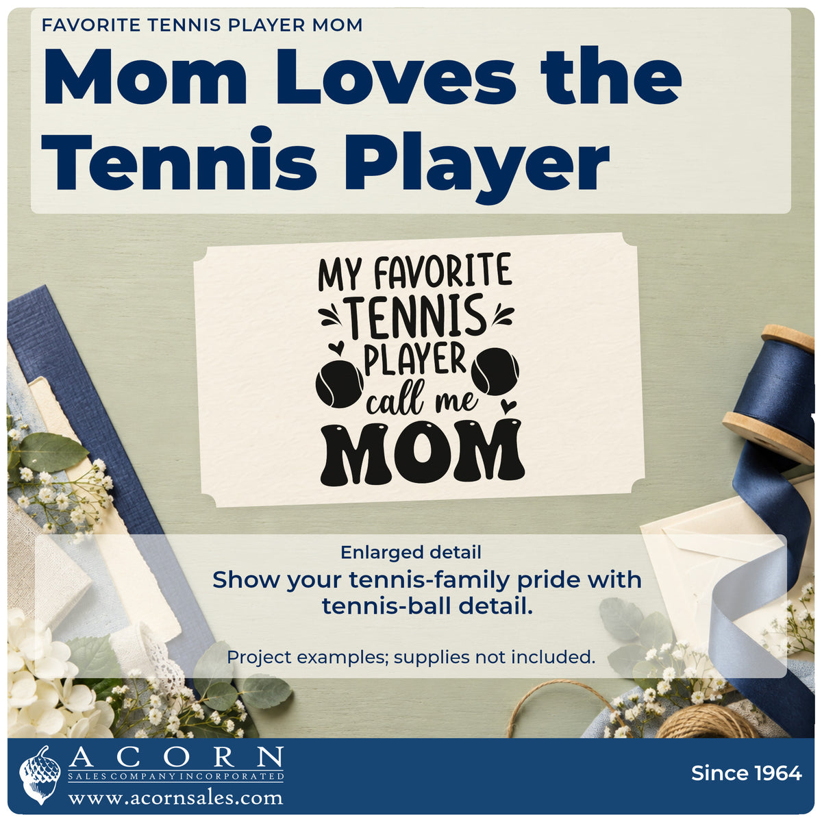 Enlarged detail of the Favorite Tennis Player Mom With Hearts Pre-Inked Stamp – Slim imprint. MY FAVORITE TENNIS PLAYER call me MOM appears with tennis balls, hearts, and accent strokes.