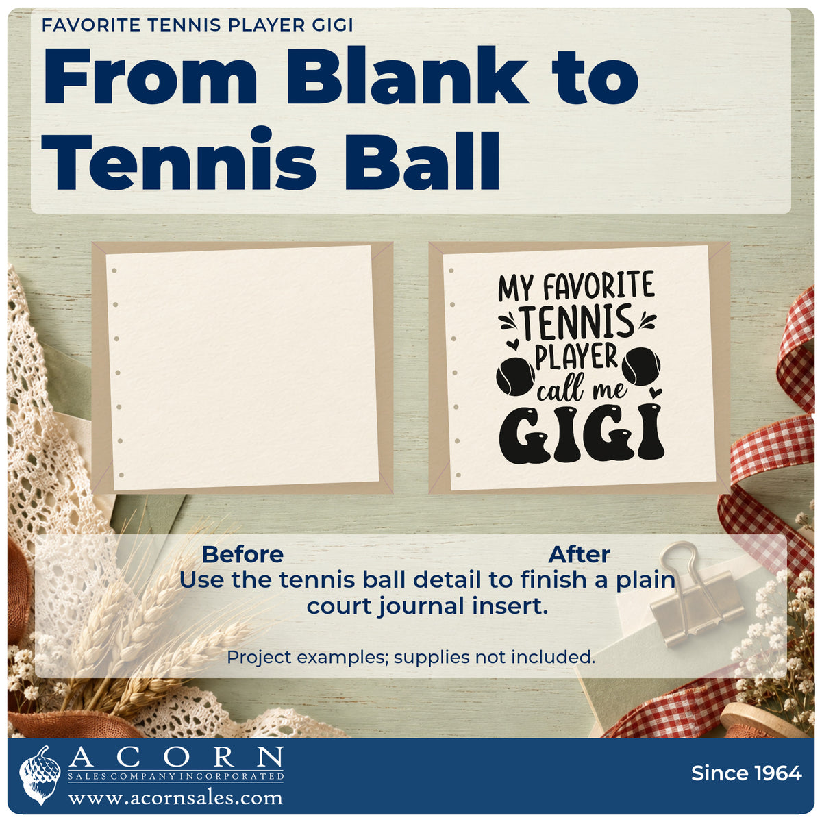 Before and after of a plain item finished with the Favorite Tennis Player Gigi Premium Wooden Stamp – Vintage Pro, a quick upgrade for framed packing corner.