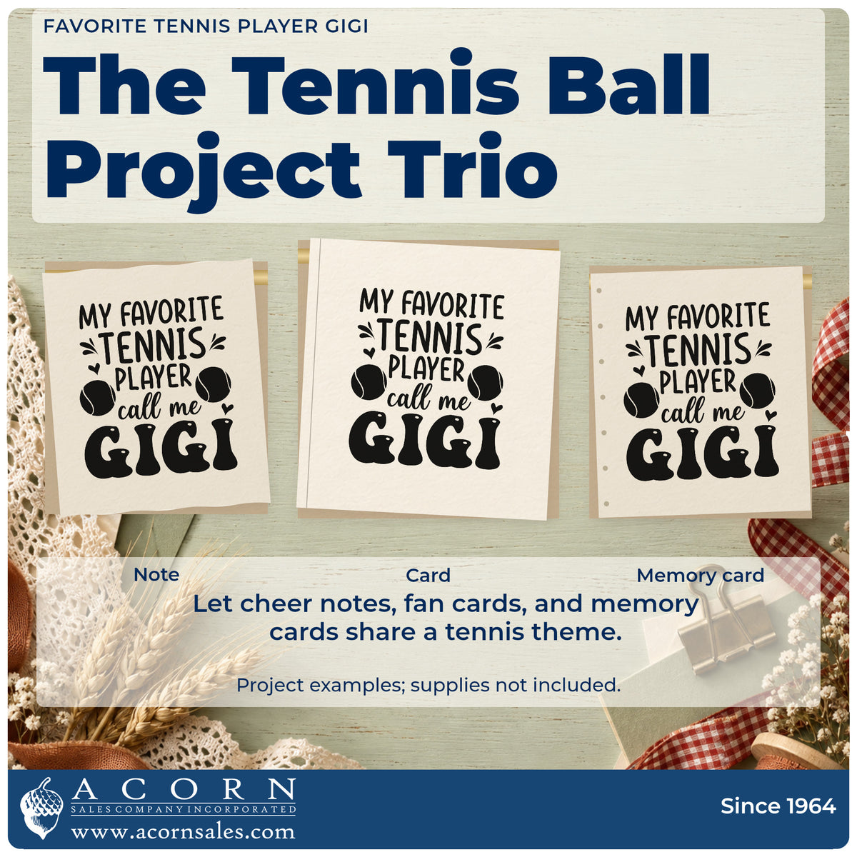 Three project examples made with the Favorite Tennis Player Gigi PSI Pre-Inked Stamp, including mailing plan sheet.