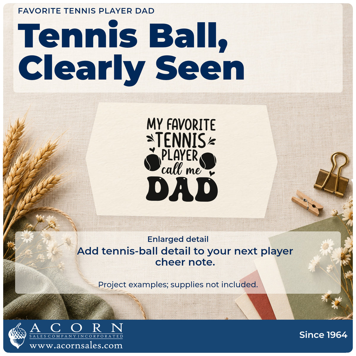 Enlarged detail of the Favorite Tennis Player Dad With Hearts Stamp – Premium Vintage Pro Wooden imprint. MY FAVORITE TENNIS PLAYER call me DAD appears with tennis balls, hearts, and accent strokes.