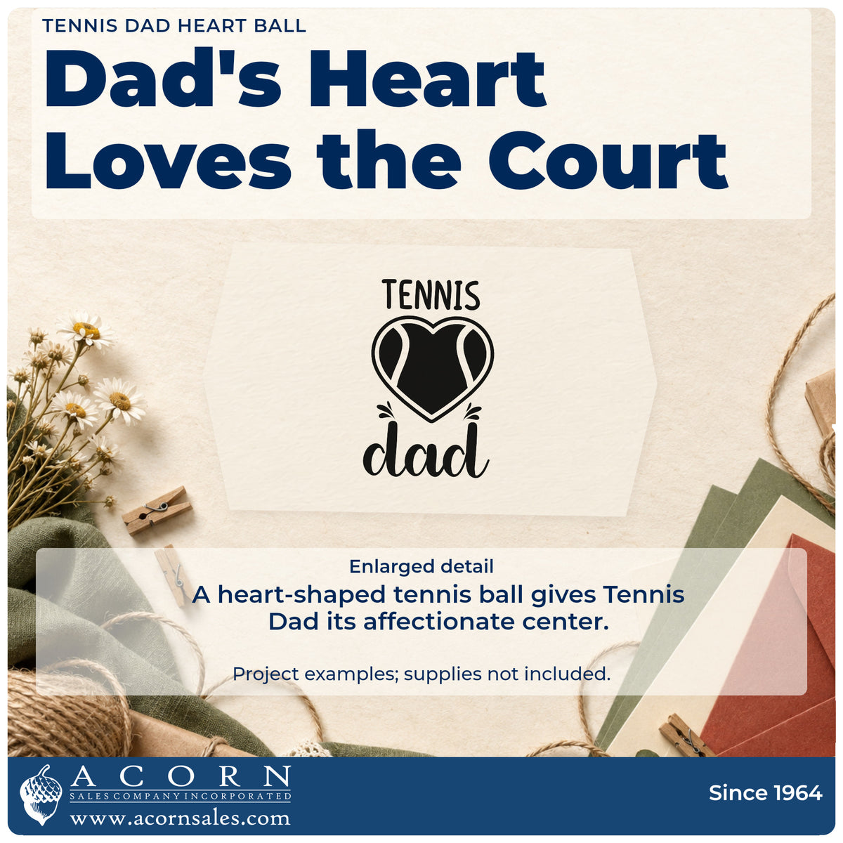 Enlarged detail of the Tennis Dad Heart Ball Pre-Inked Stamp – Slim imprint. TENNIS dad surrounds a heart-shaped tennis ball with small accent strokes.