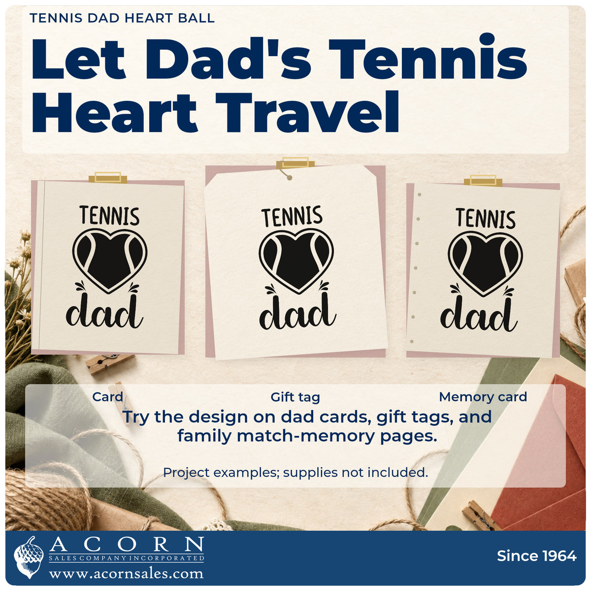 Three project examples made with the Tennis Dad Heart Ball Self-Inking Stamp, including practice plan sheet.