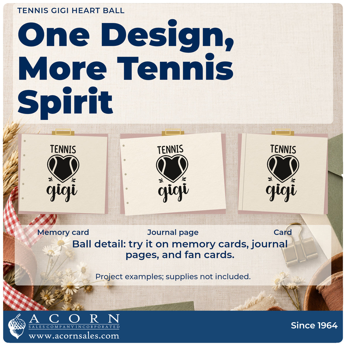 Three project examples made with the Self-Inking Gigi Tennis Heart Lettering Stamp, including dinner rota sheet.