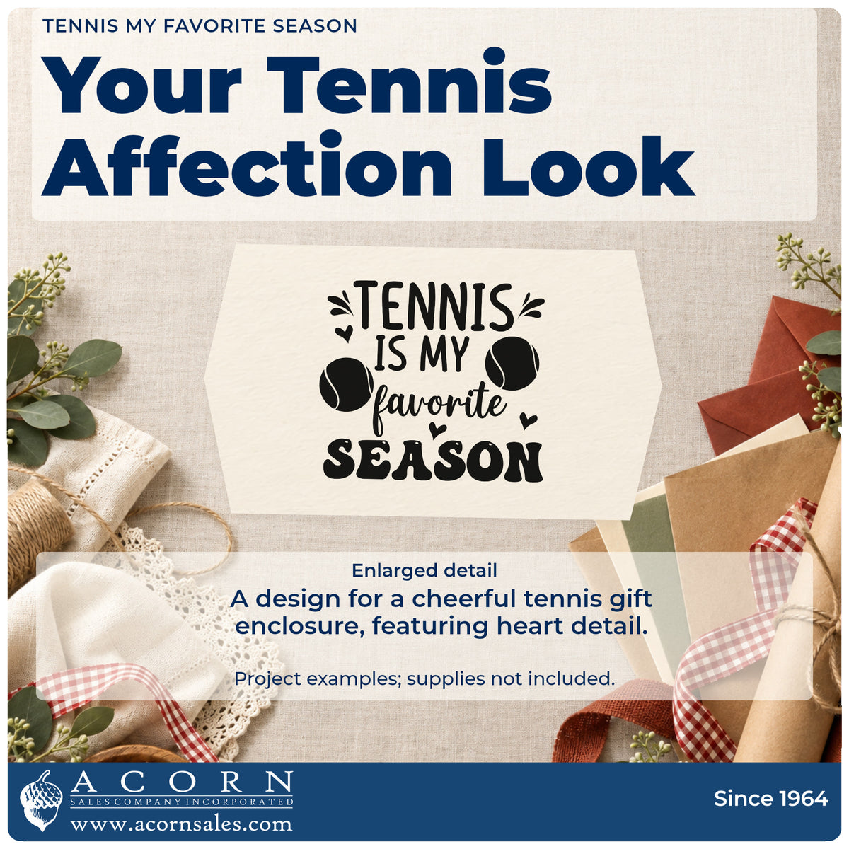 Enlarged detail of the Tennis Is My Favorite Season Rubber Stamp – Duo Hand imprint. TENNIS IS MY favorite SEASON appears with two balls, small hearts, and accent strokes.