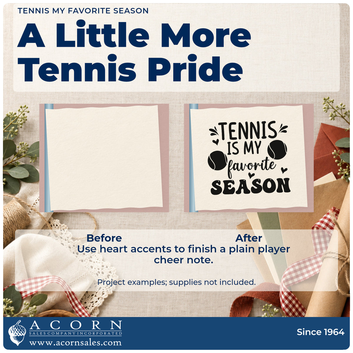 Before and after of a plain item finished with the Tennis Is My Favorite Season Stamp – Self-Inking, a quick upgrade for framed club entry.