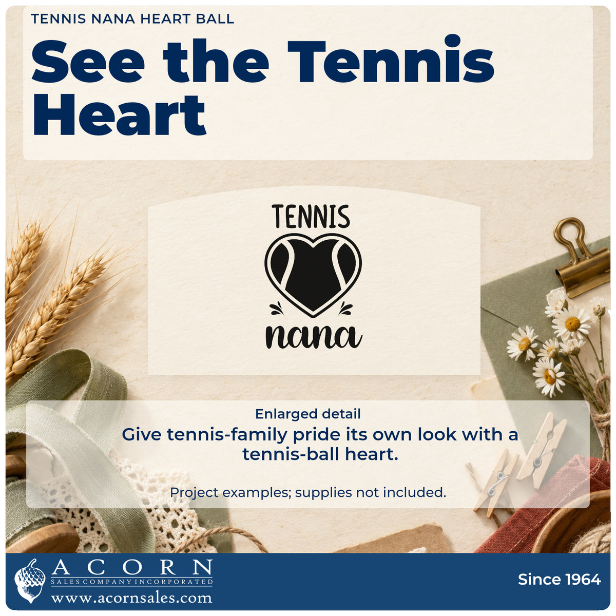 Enlarged detail of the Nana Tennis Heart Lettering Self-Inking Stamp imprint. TENNIS nana surrounds a heart-shaped tennis ball with small accent strokes.