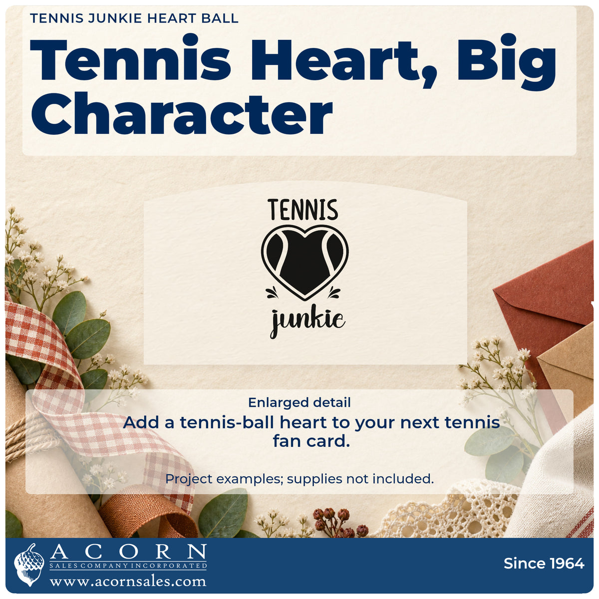 Enlarged detail of the Tennis Junkie Heart Ball Rubber Stamp – Wood Handle imprint. TENNIS junkie surrounds a heart-shaped tennis ball with small accent strokes.