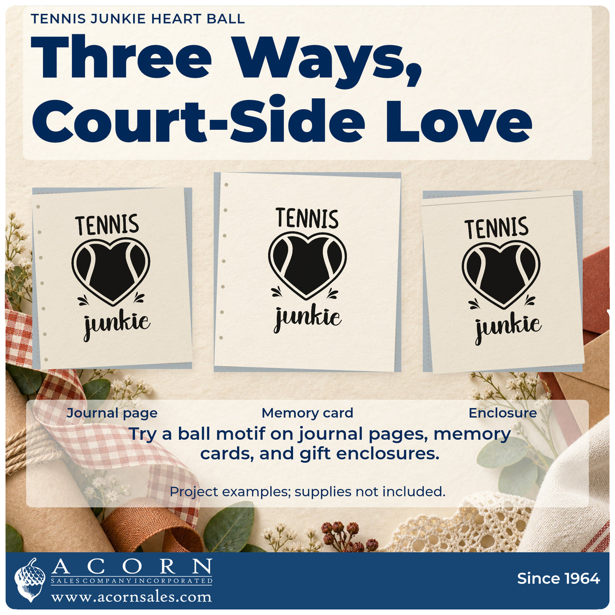 Three project examples made with the Tennis Junkie Heart Ball Hand Stamp – Duo, including drill rota sheet.