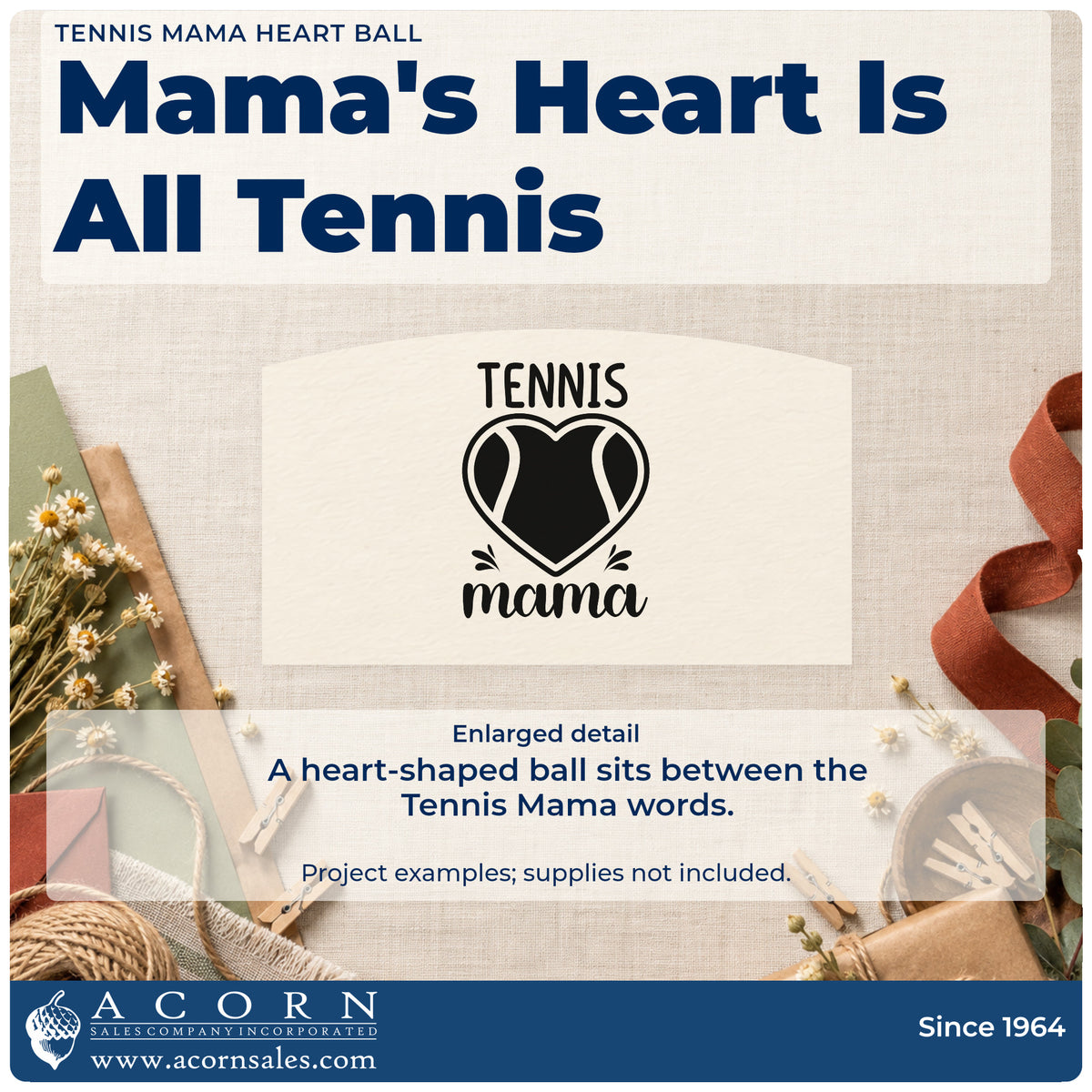 Enlarged detail of the Mama Tennis Heart Lettering Compact Pre-Inked Stamp – Slim imprint. TENNIS mama surrounds a heart-shaped tennis ball with small accent strokes.