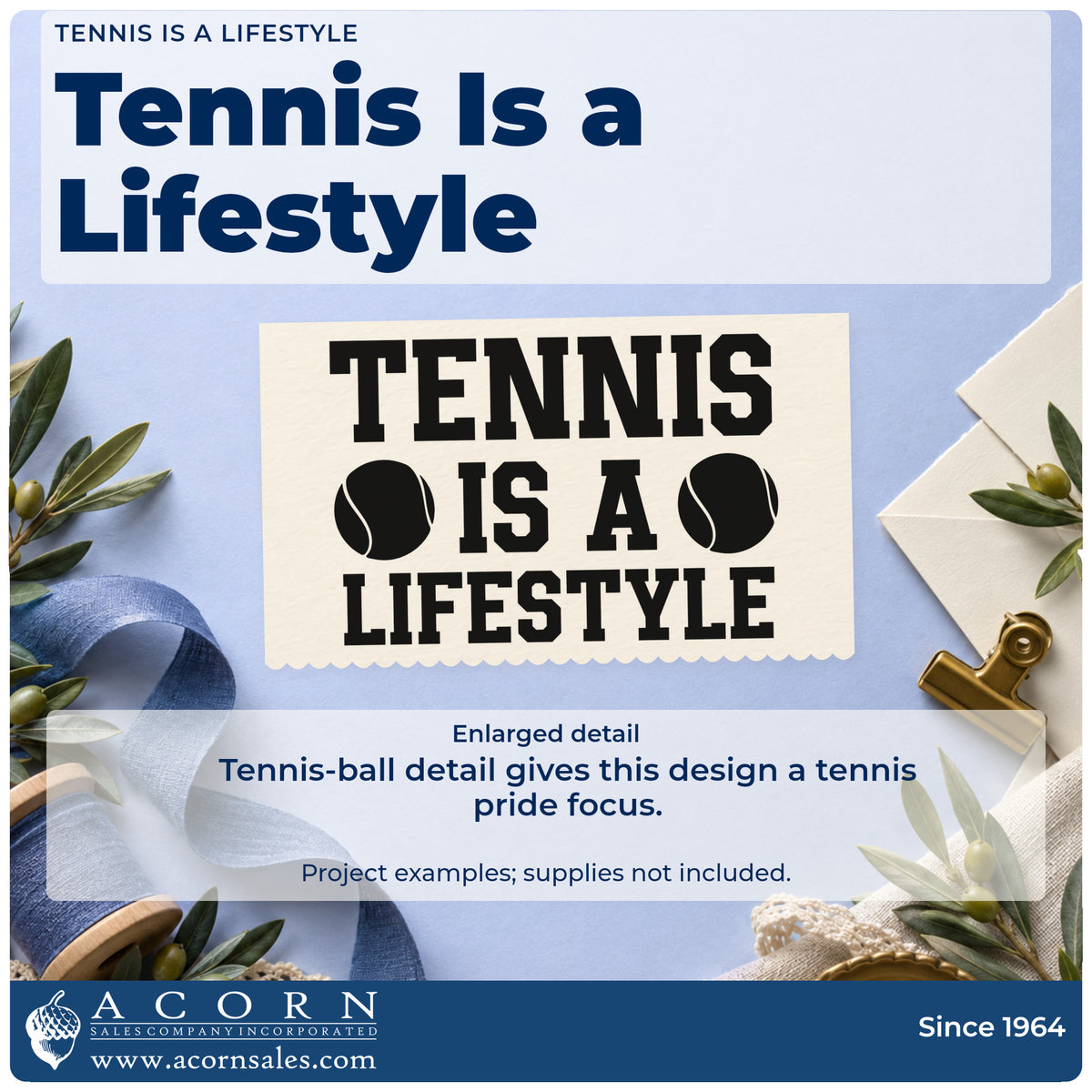 Enlarged detail of the Tennis Lifestyle Ball Pair Premium Wooden Stamp – Vintage Pro imprint. TENNIS IS A LIFESTYLE appears with two tennis balls.
