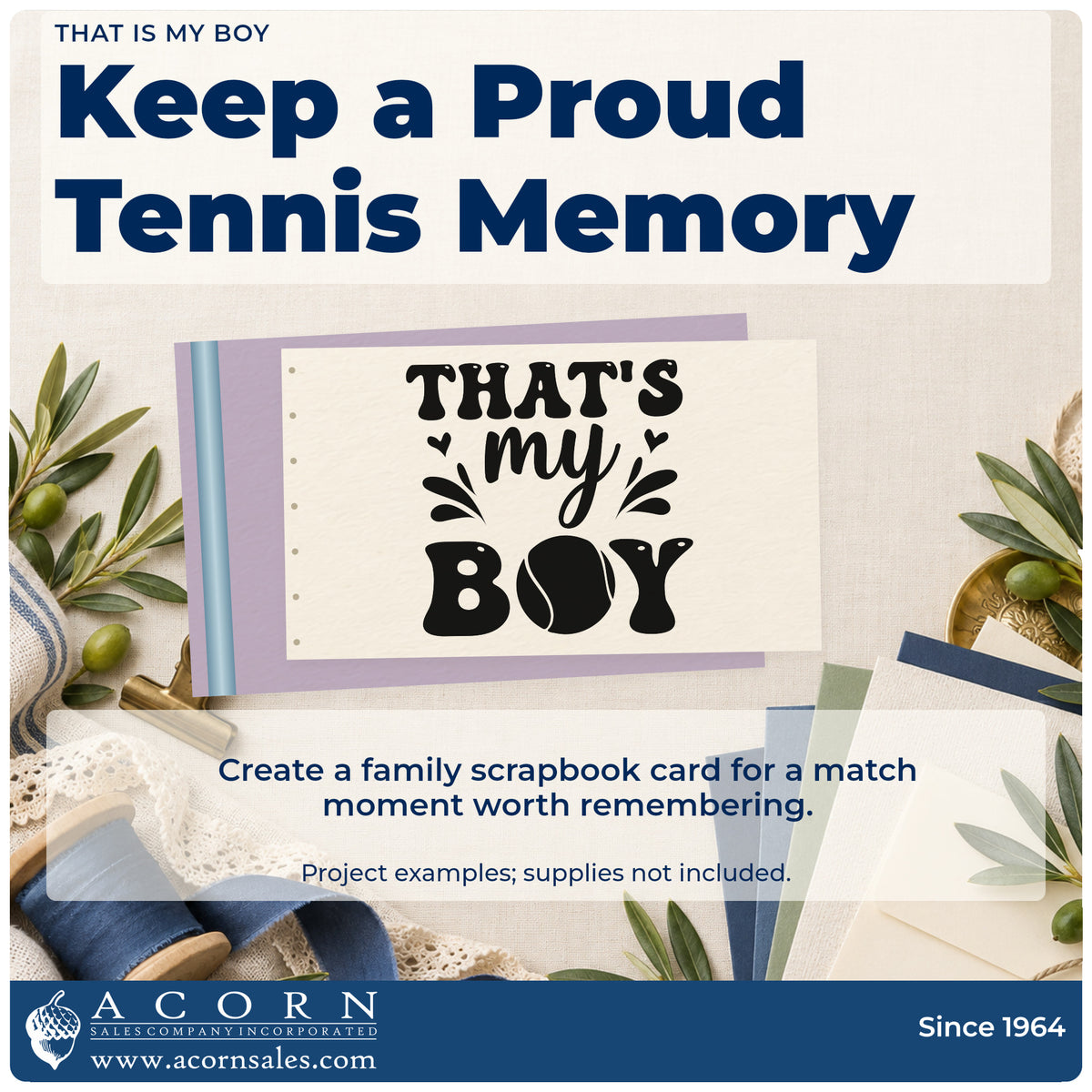 A finished handmade project stamped with the That's My Boy Tennis Ball Lettering Premium Wooden Stamp – Vintage Pro, ideal for first title album page.