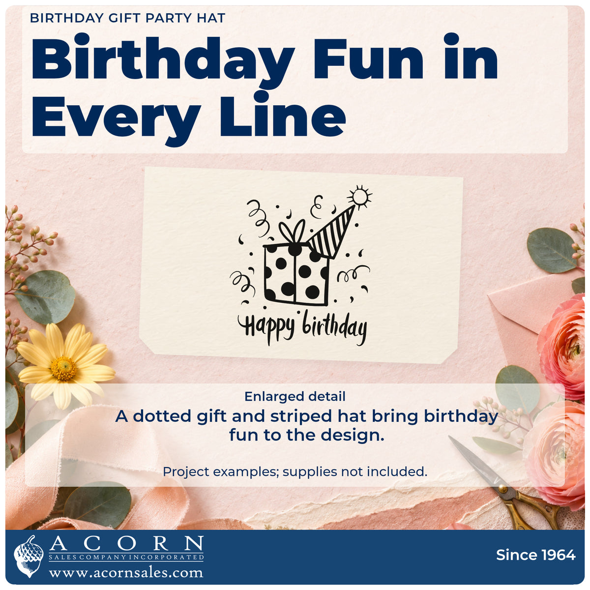 Enlarged detail of the Birthday Present And Striped Party Hat Wood Handle Stamp imprint. A dotted gift and striped party hat sit amid streamers above Happy birthday.