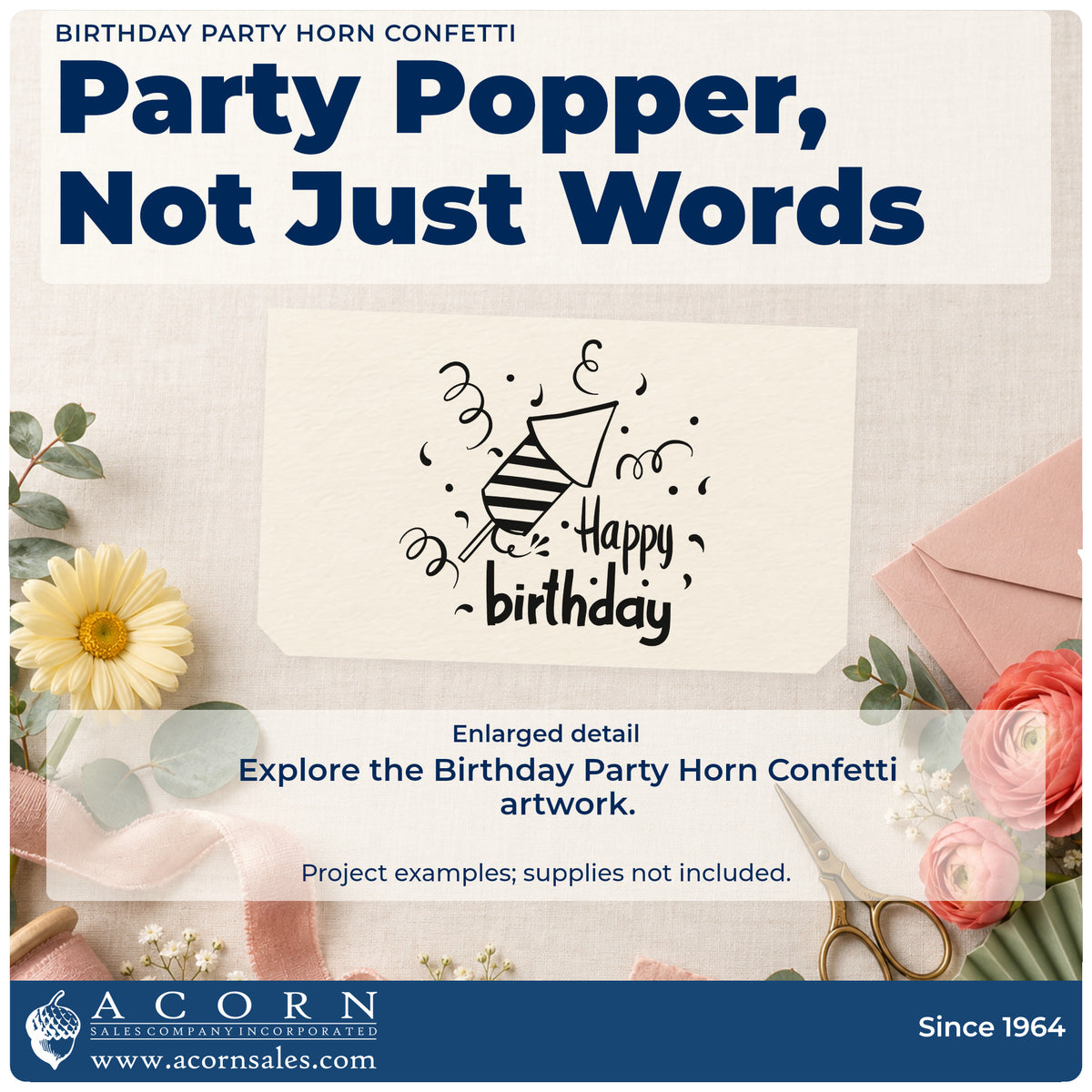 Enlarged detail of the Striped Party Horn Birthday Wishes Craft Stamp – Self-Inking imprint. A striped party horn sits among curling streamers beside Happy birthday.