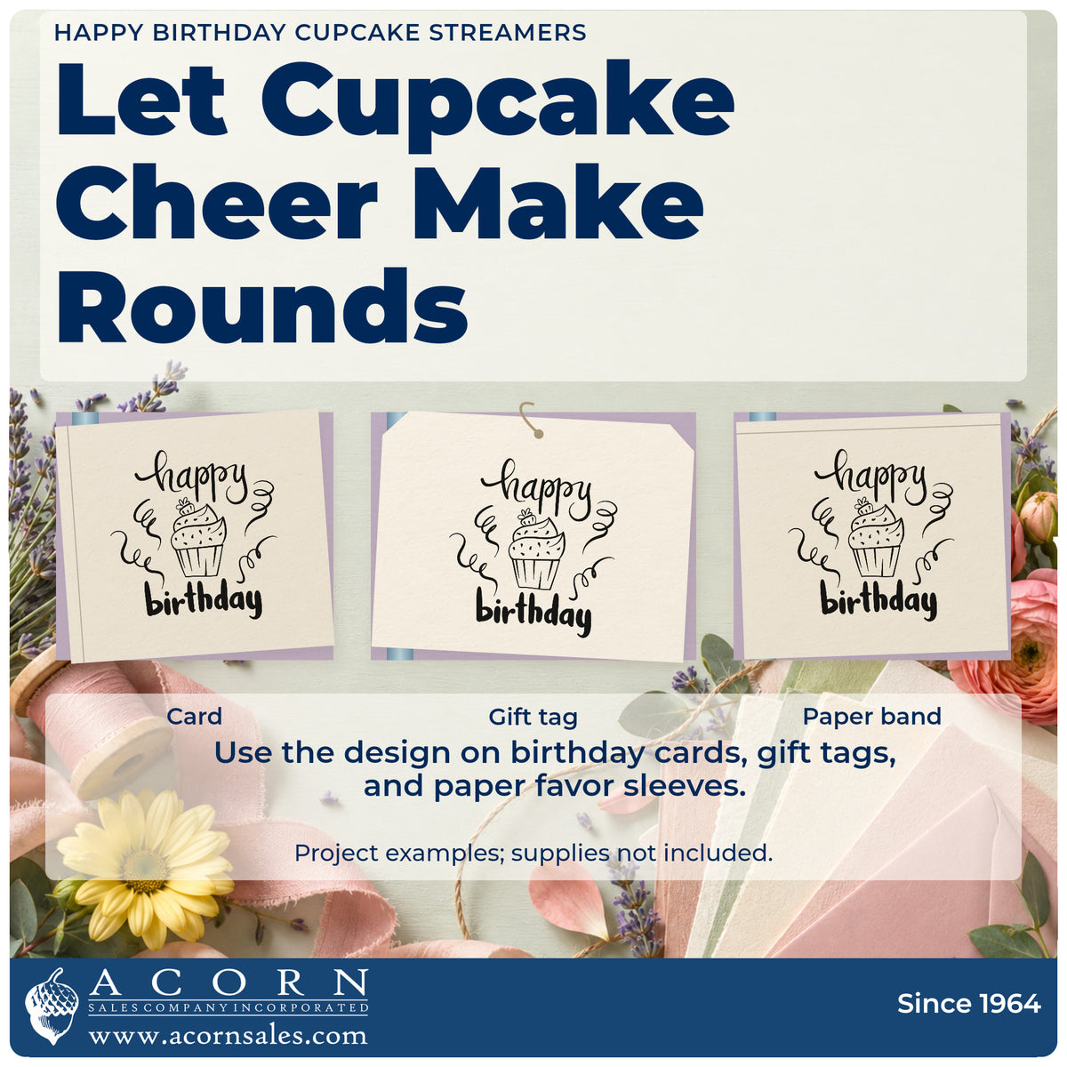 Three project examples made with the Happy Birthday Cupcake And Streamers Stamp – Wood Handle, including order queue sheet.