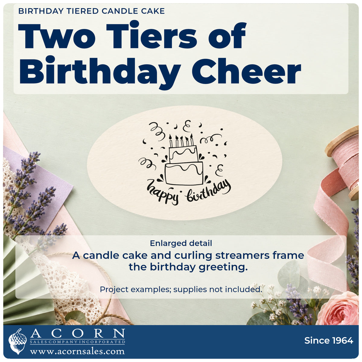 Enlarged detail of the Birthday Tiered Candle Cake PSI Pre-Inked Stamp imprint. A two-tier cake with candles appears above happy birthday surrounded by curling streamers.