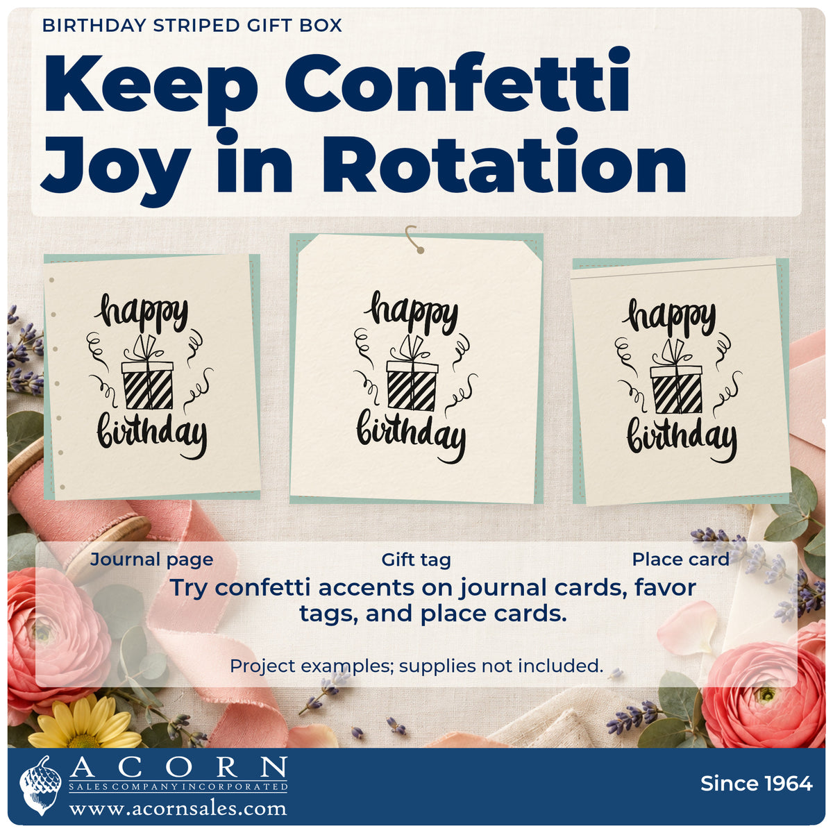Three project examples made with the Happy Birthday Ribboned Gift Box Rubber Stamp – Wood Handle, including post plan sheet.