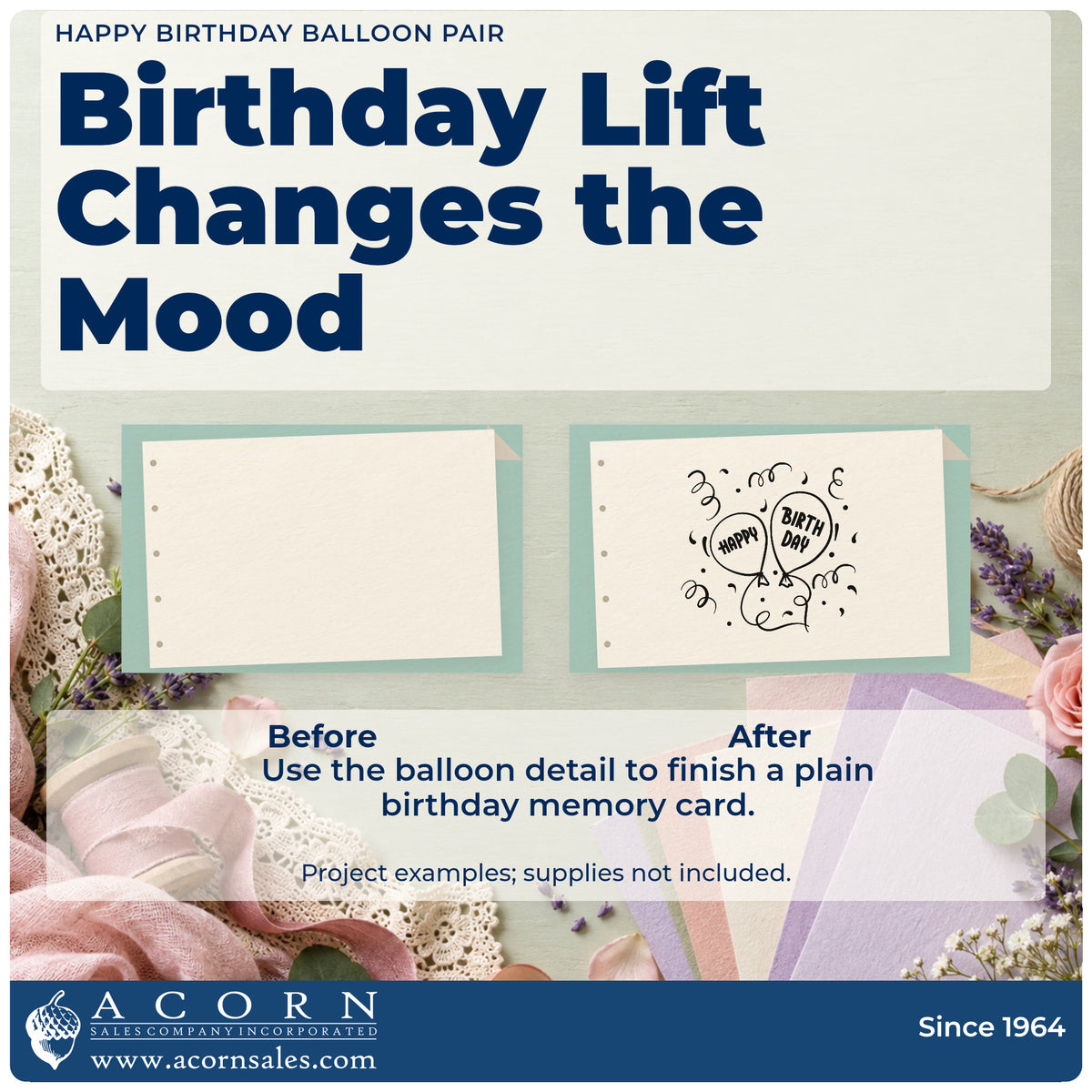 Before and after of a plain item finished with the Happy Birthday Balloon Pair Stamp – Wood Handle, a quick upgrade for framed work room.