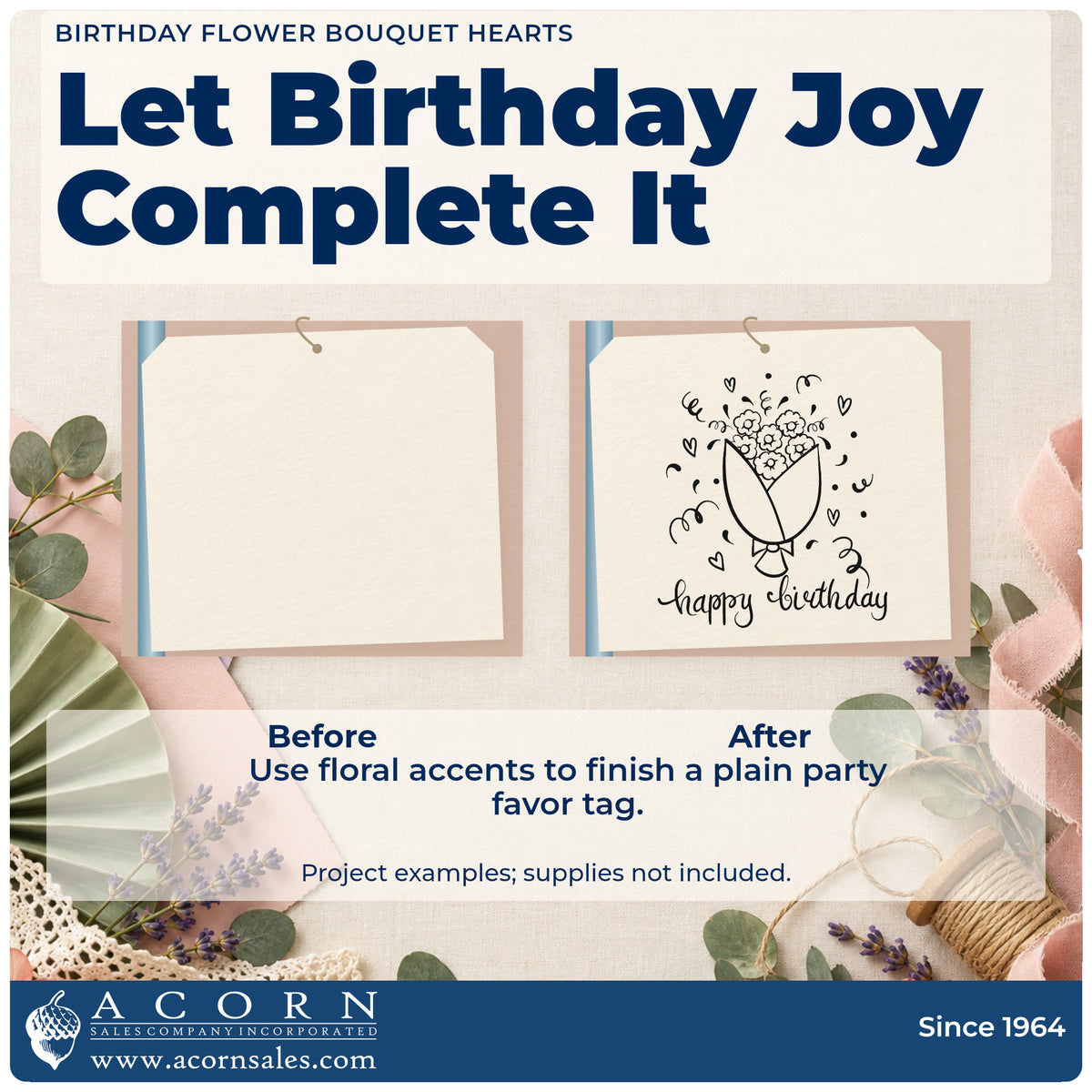Before and after of a plain item finished with the Flower Bouquet Birthday Wishes Pre-Inked Stamp – PSI, a quick upgrade for framed sitting room.