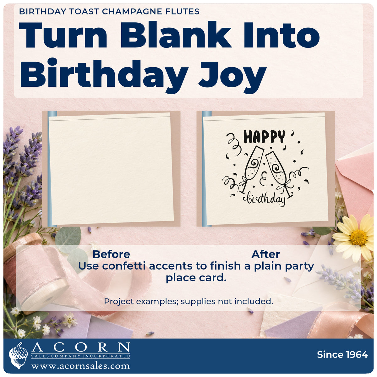 Before and after of a plain item finished with the Birthday Toast Champagne Flutes Confetti Stamp – Self-Inking, a quick upgrade for framed entry table.