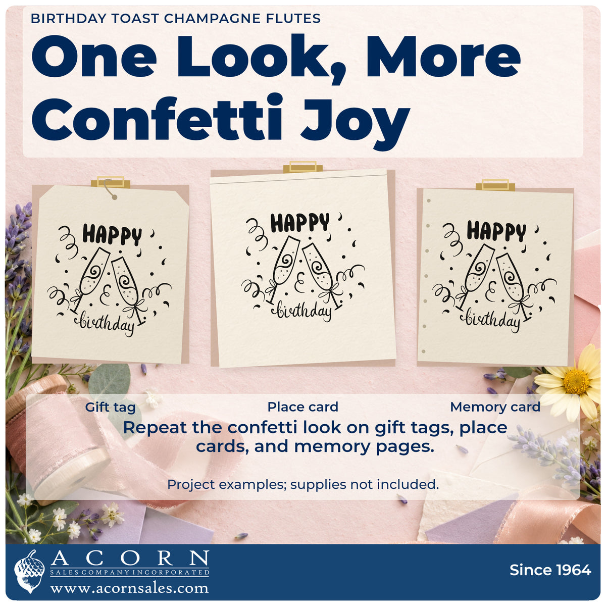 Three project examples made with the Birthday Toast Champagne Flutes Confetti Stamp – Self-Inking, including night plan sheet.