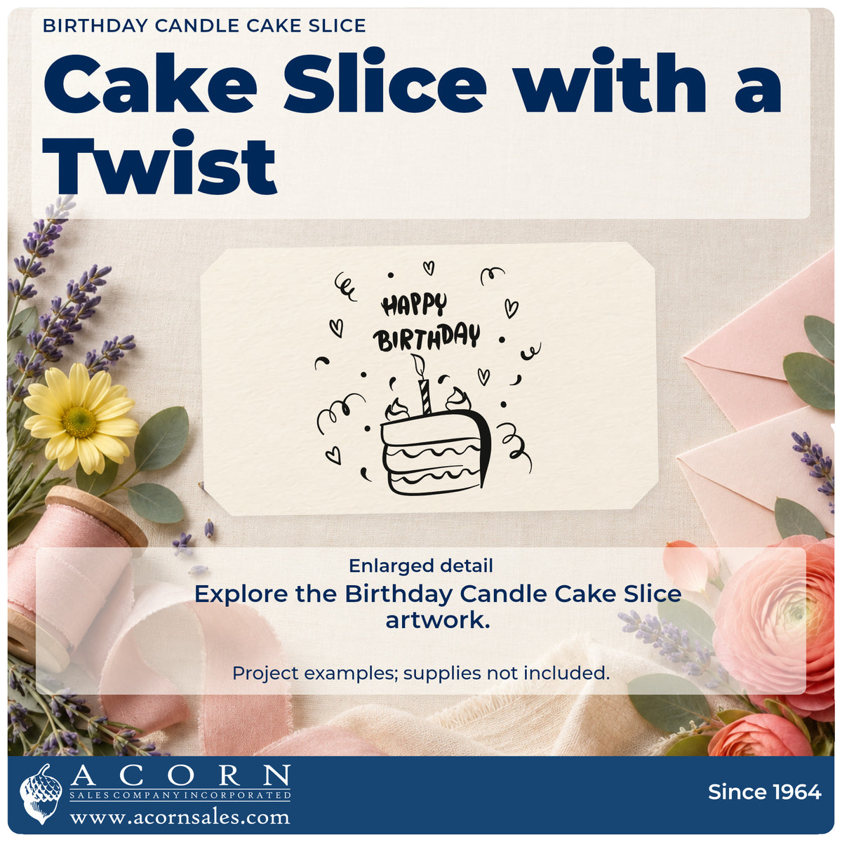 Enlarged detail of the Duo Hand Birthday Candle Cake Slice Rubber Stamp imprint. A layered cake slice with a candle appears below HAPPY BIRTHDAY among hearts and streamers.