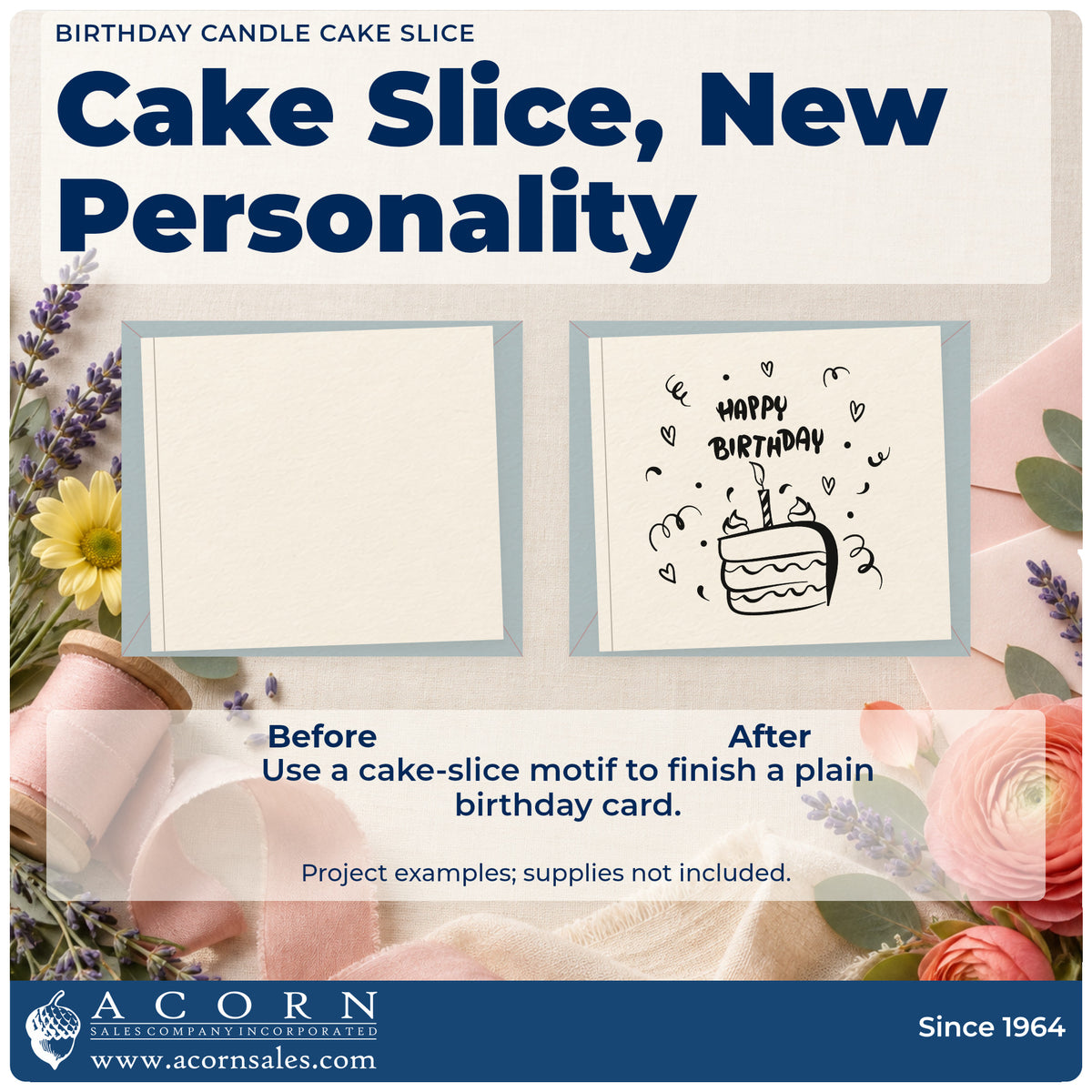 Before and after of a plain item finished with the Birthday Candle Cake Slice Wood Handle Stamp, a quick upgrade for framed pass window.