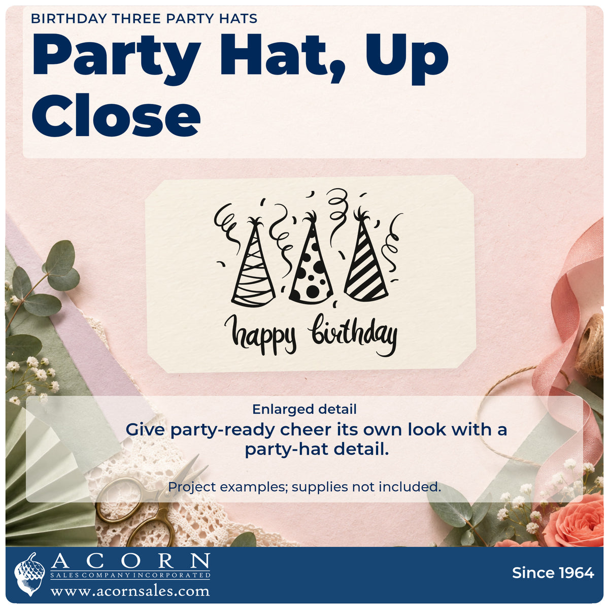 Enlarged detail of the Birthday Three Party Hats Hand Stamp – Duo imprint. Three patterned party hats sit above happy birthday surrounded by curling streamers.