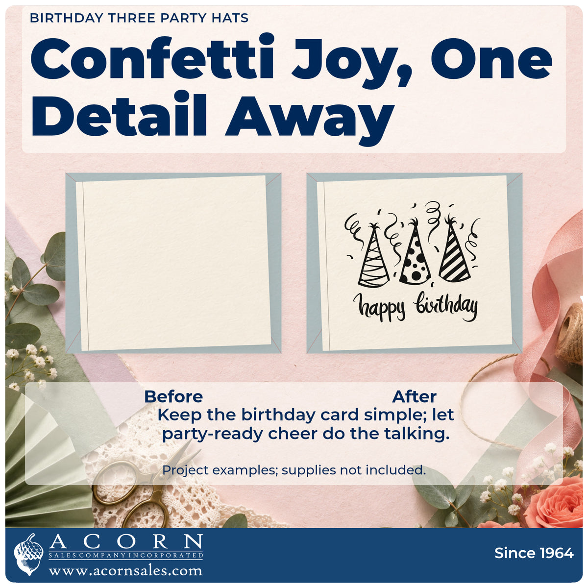 Before and after of a plain item finished with the Birthday Three Party Hats Stamp – Self-Inking, a quick upgrade for framed kitchen wall.