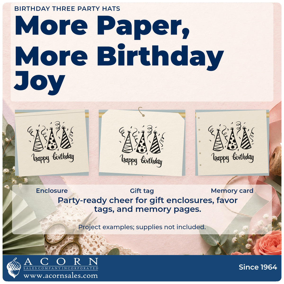 Three project examples made with the Birthday Three Party Hats Hand Stamp – Duo, including month plan sheet.