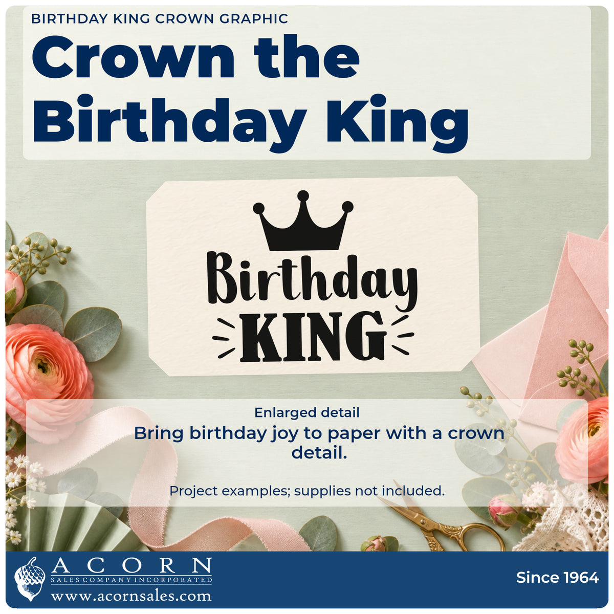 Enlarged detail of the Crowned Birthday King Accent Lines Craft Stamp – Self-Inking imprint. A crown sits above Birthday KING with small accent strokes.