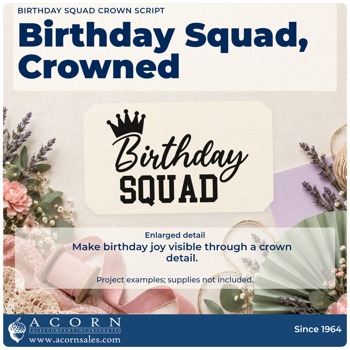 Enlarged detail of the Birthday Squad Crown Script Compact Pre-Inked Stamp – Slim imprint. Birthday SQUAD appears with a tilted crown above the script lettering.