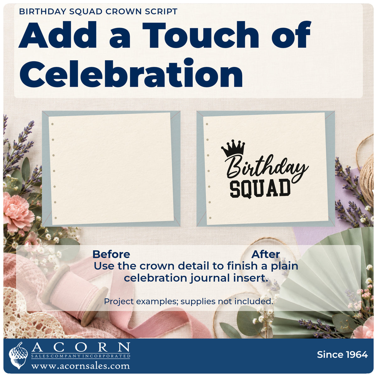 Before and after of a plain item finished with the Birthday Squad Crown Script Compact Pre-Inked Stamp – Slim, a quick upgrade for framed rental hall.