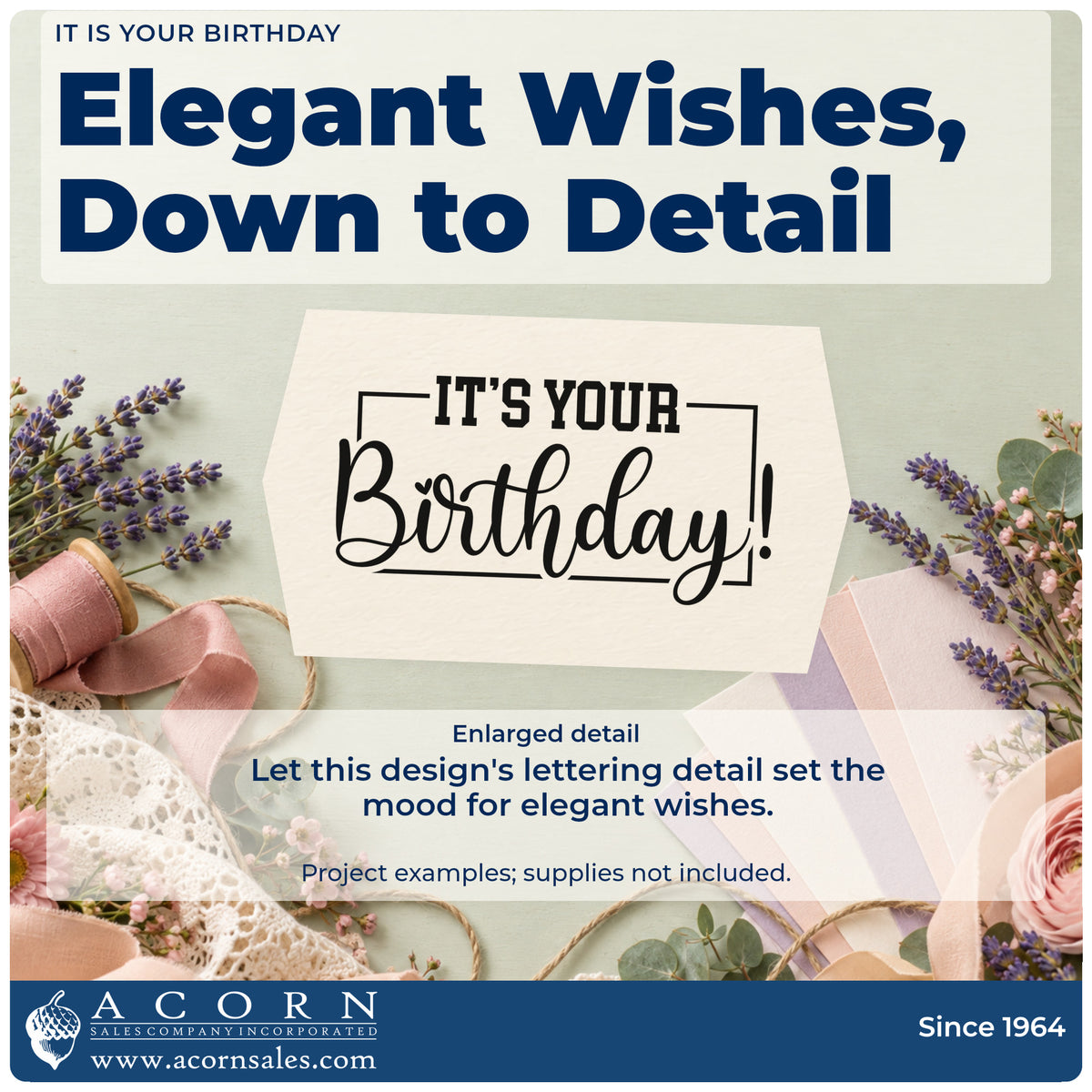 Enlarged detail of the It's Your Birthday! Duo Hand Stamp imprint. IT'S YOUR Birthday! appears within a thin rectangular border.