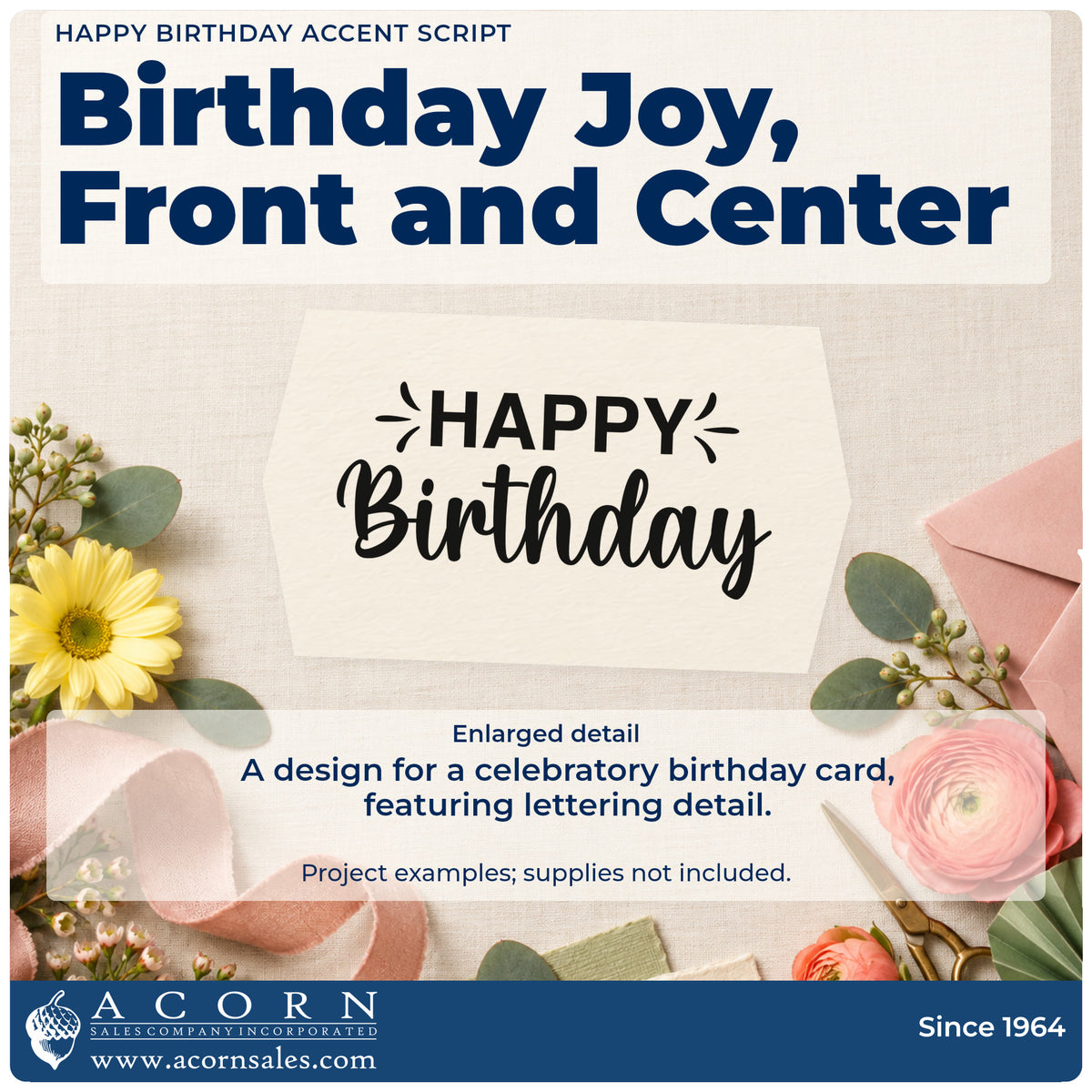 Enlarged detail of the Slim Pre-Inked Happy Birthday Accent Script Stamp imprint. HAPPY Birthday appears with small radiating strokes beside HAPPY.