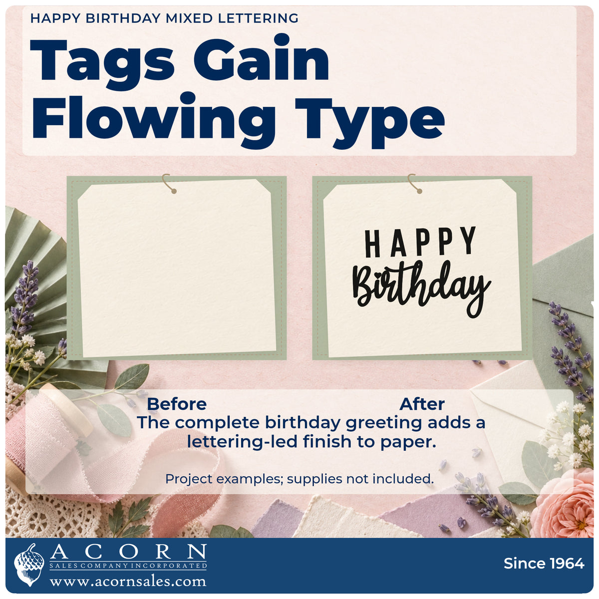 Before and after of a plain item finished with the Happy Birthday Mixed Lettering Rubber Stamp – Wood Handle, a quick upgrade for framed meeting office.