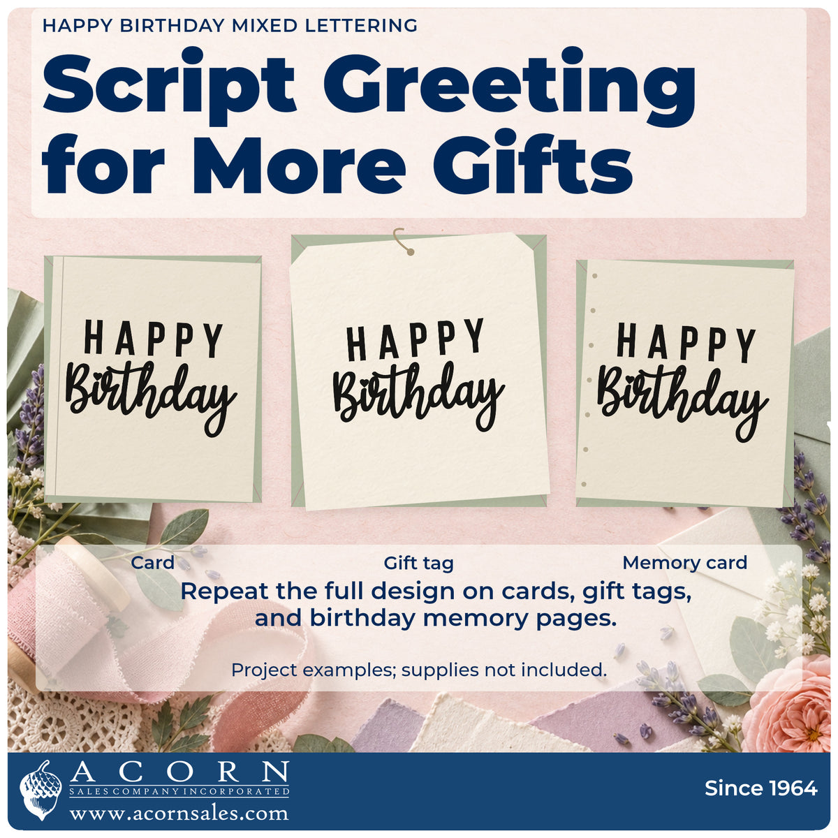 Three project examples made with the Happy Birthday Mixed Lettering Slim Pre-Inked Stamp, including event task sheet.