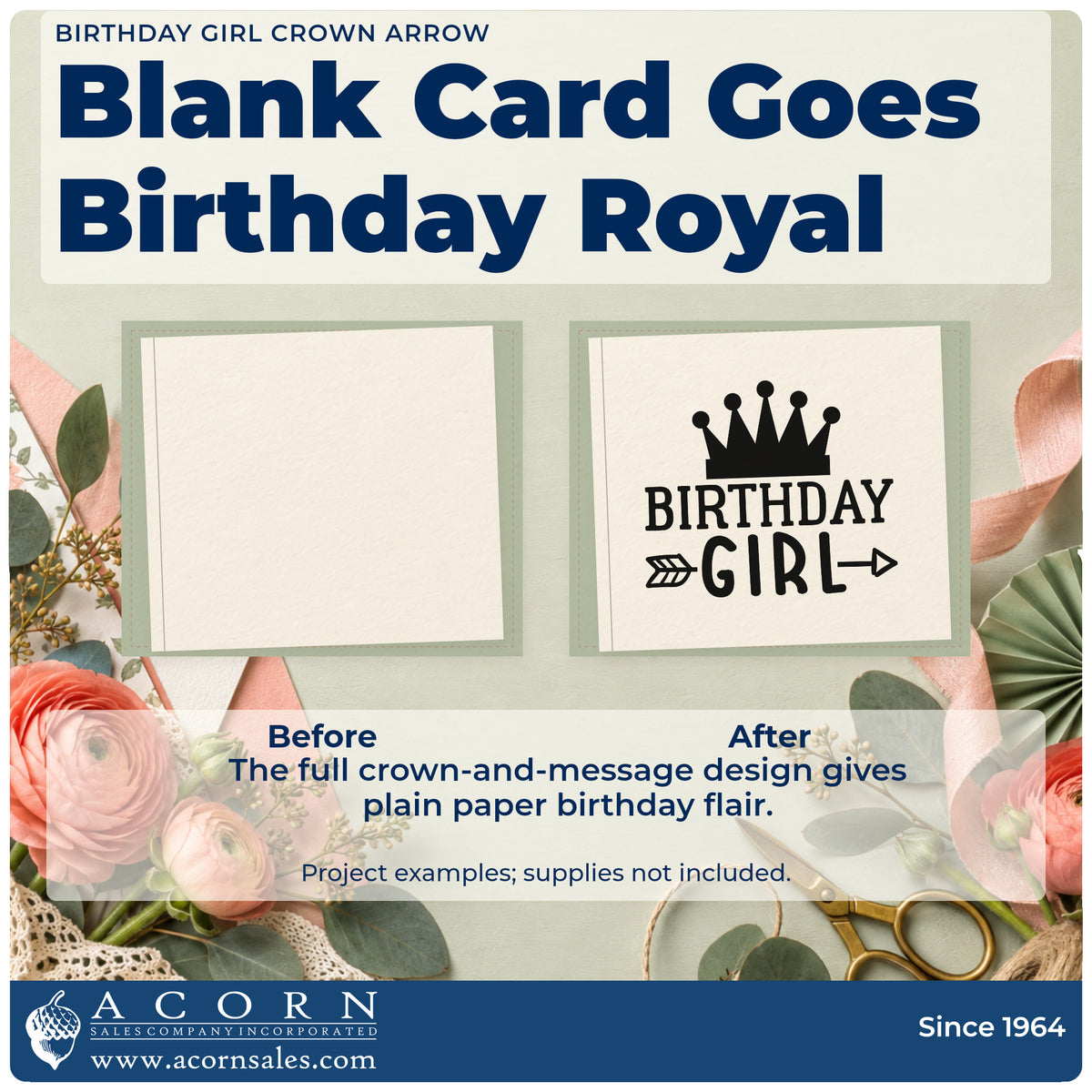 Before and after of a plain item finished with the Crowned Birthday Girl Arrow Lettering Stamp – Self-Inking, a quick upgrade for framed bedroom door.