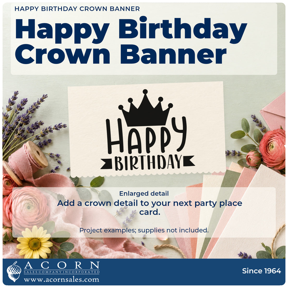 Enlarged detail of the Happy Birthday Crown Banner Rubber Stamp – Wood Handle imprint. A large crown sits above HAPPY BIRTHDAY with ribbon ends flanking the bottom word.
