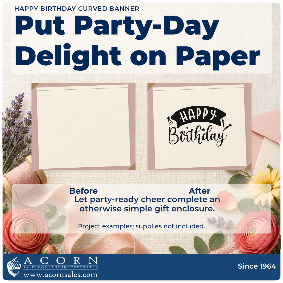 Before and after of a plain item finished with the Happy Birthday Curved Banner Self-Inking Stamp, a quick upgrade for framed packing corner.