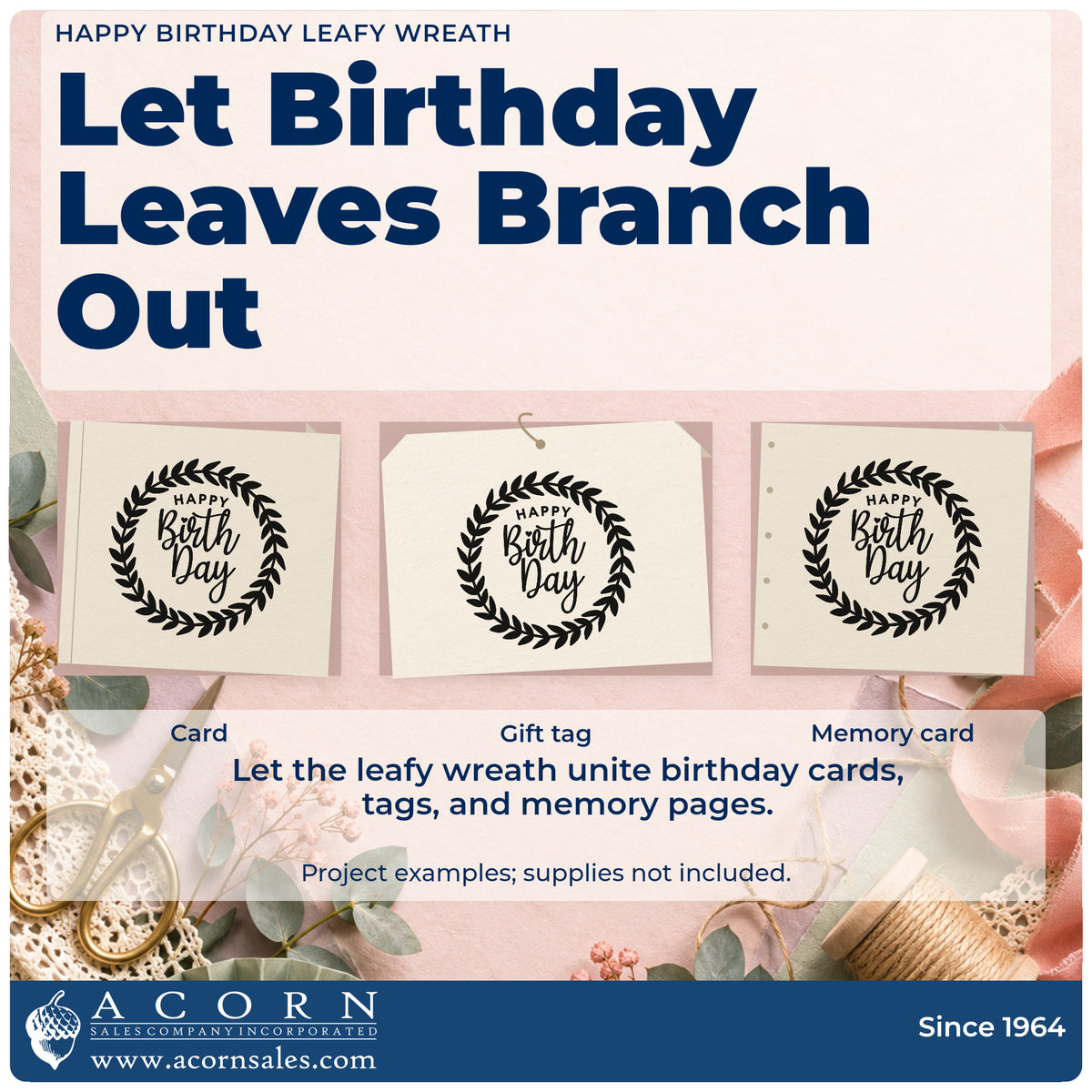 Three project examples made with the Happy Birthday Leafy Wreath Stamp – Duo Hand, including trail game sheet.