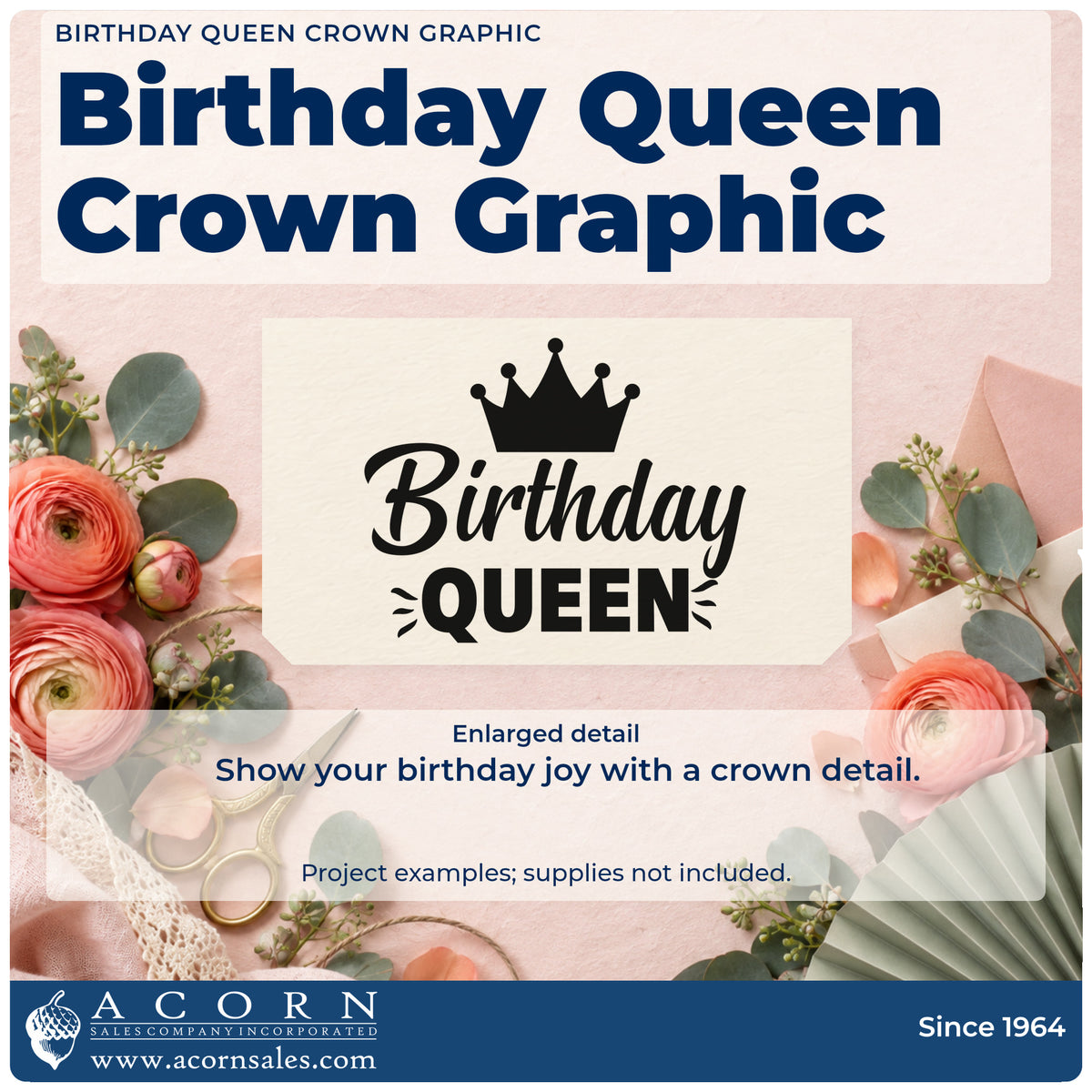 Enlarged detail of the Birthday Queen Crown Rays Self-Inking Stamp imprint. A large crown sits above Birthday QUEEN with small accent strokes.
