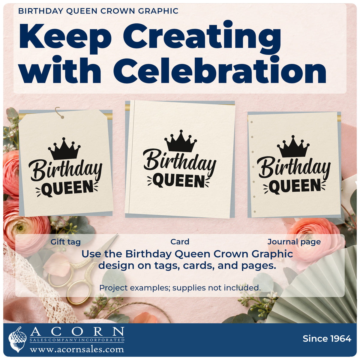Three project examples made with the Duo Hand Birthday Queen Crown Rays Rubber Stamp, including day plan sheet.