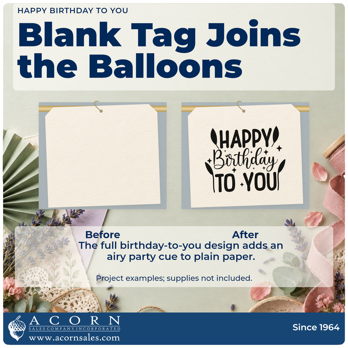 Before and after of a plain item finished with the Happy Birthday To You Balloons Stamp – Self-Inking, a quick upgrade for framed desk corner.